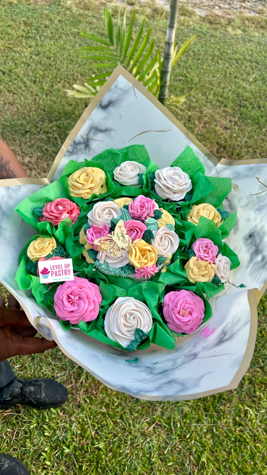 Pink, ivory and yellow floral cupcake bouquet