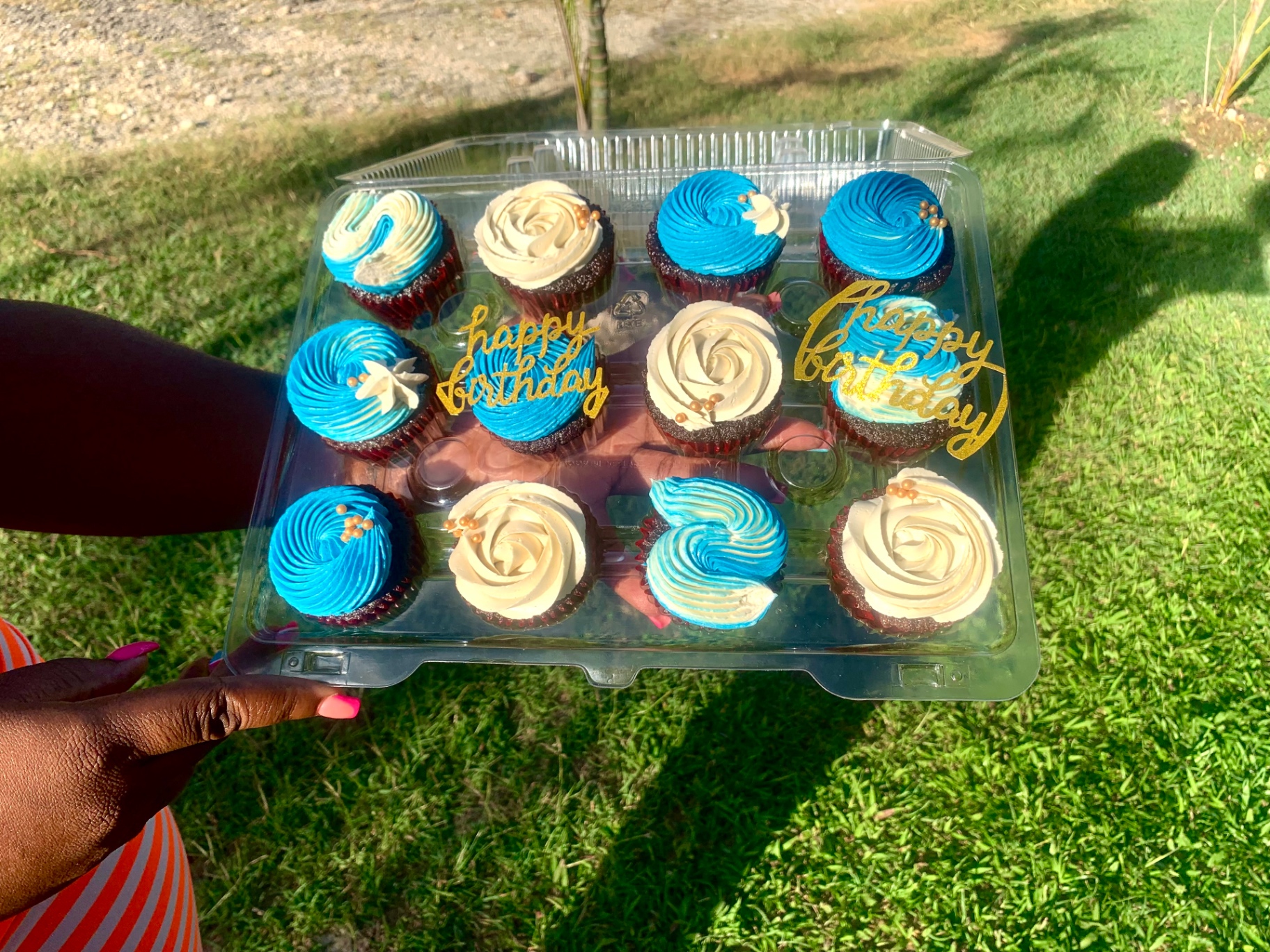 Blue and ivory birthday cupcakes