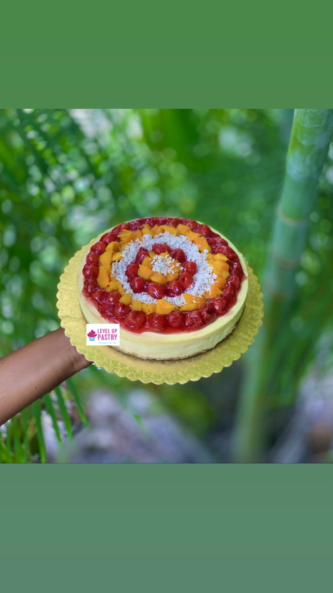Cheesecake topped with cherries, mango and coconut